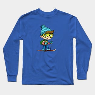 boy in winter gear on skis and a backpack on his back Long Sleeve T-Shirt